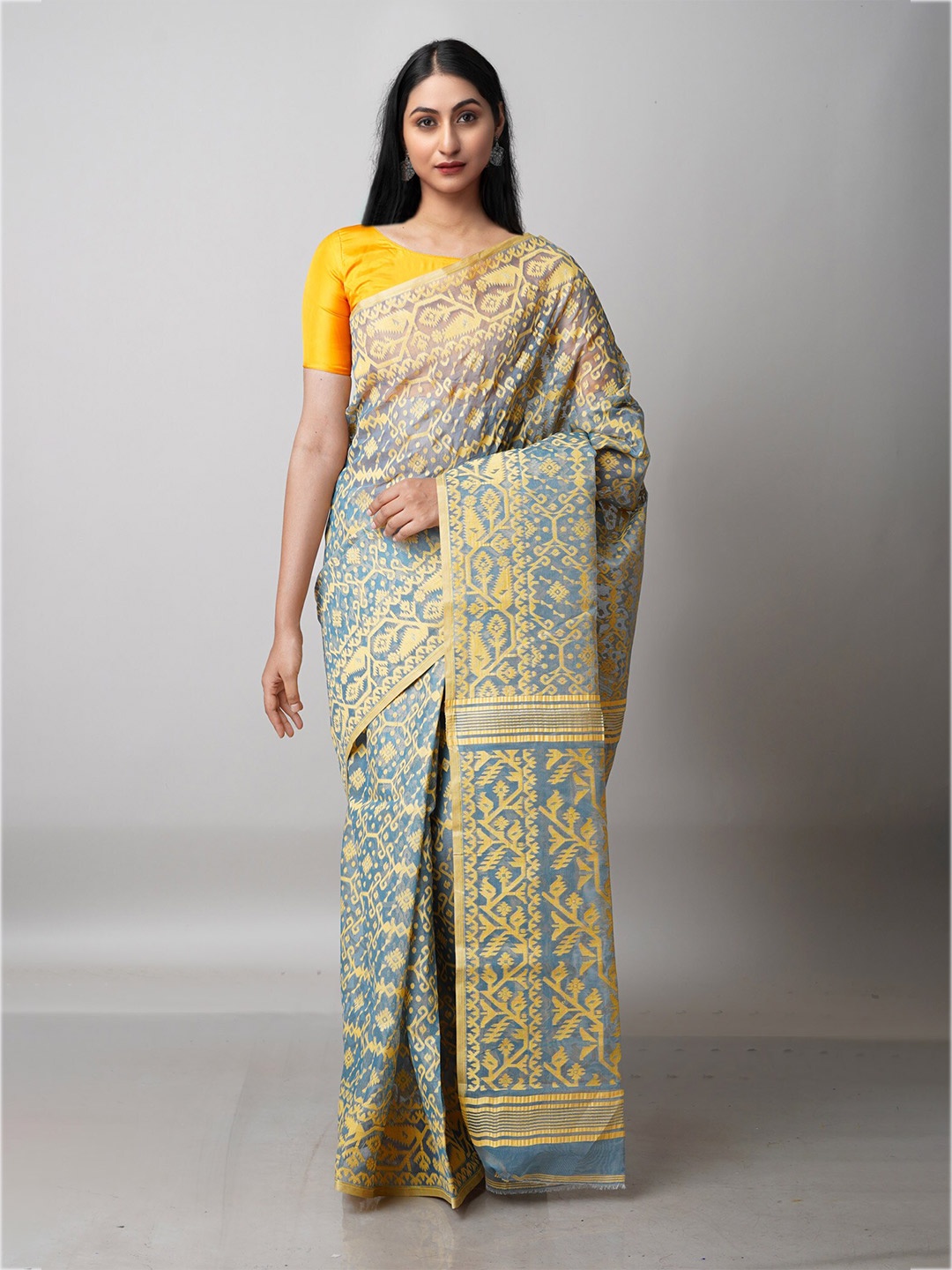 

Unnati Silks Blue & Yellow Woven Design Pure Cotton Handloom Jamdani Zari Saree