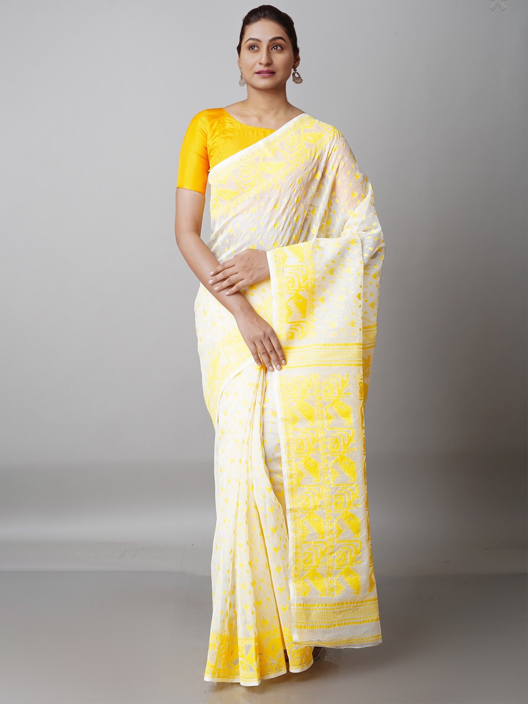 

Unnati Silks Off White & Yellow Ethnic Motifs Pure Cotton Jamdani Saree