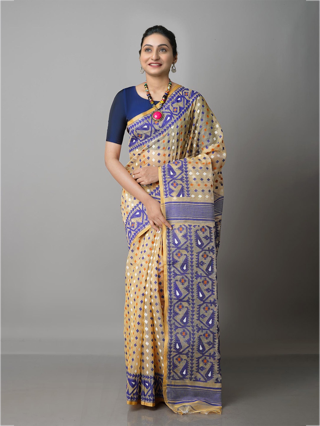 

Unnati Silks Cream-Coloured & Blue Woven Design Pure Cotton Handloom Jamdani Saree