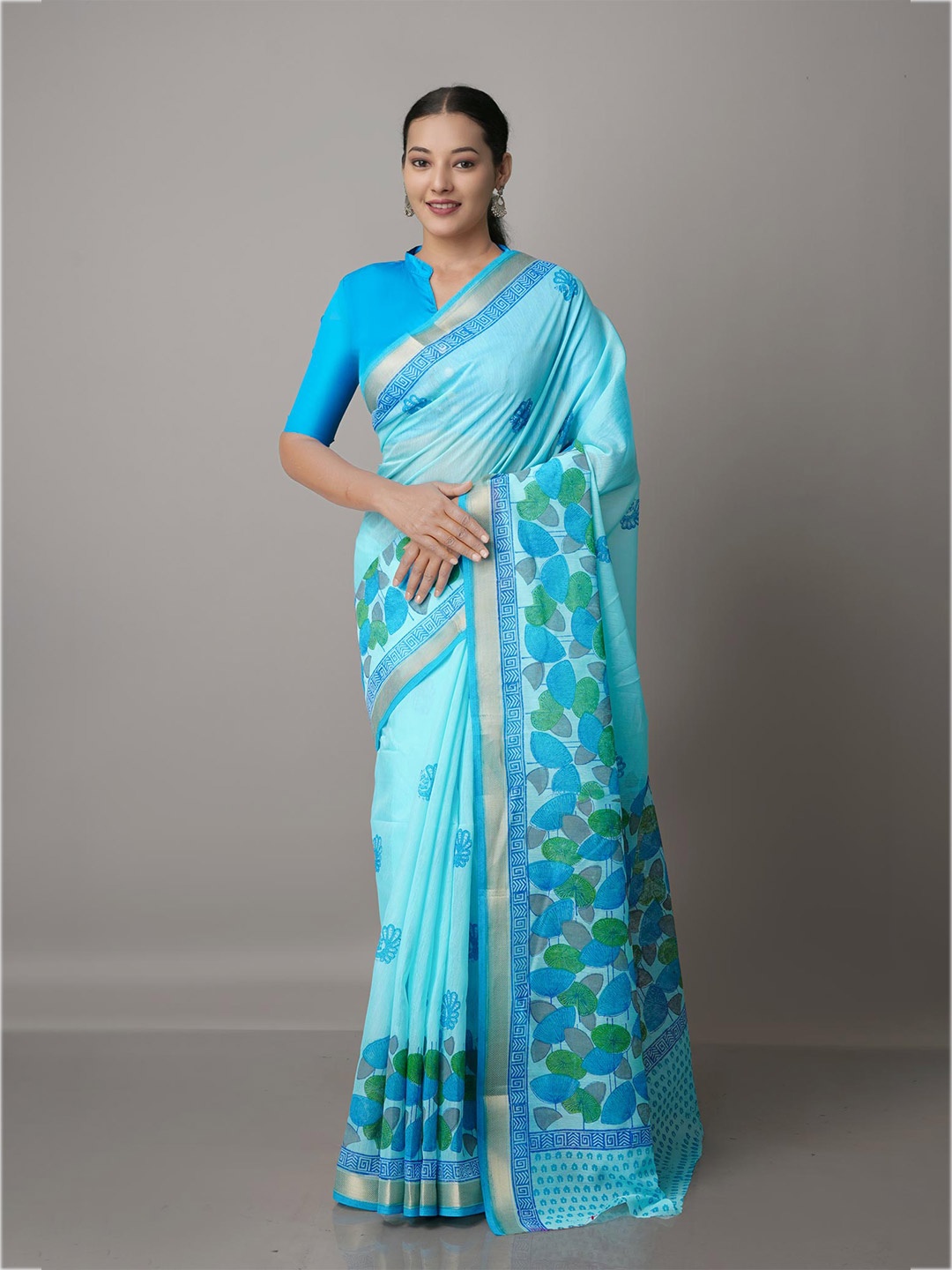 

Unnati Silks Blue & Gold-Toned Ethnic Motifs Block Printed Mangalagiri Zari Saree