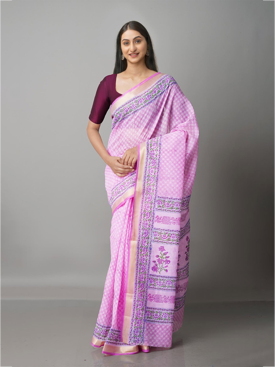 

Unnati Silks Pink & Blue Ethnic Motifs Block Printed Mangalagiri Zari Saree