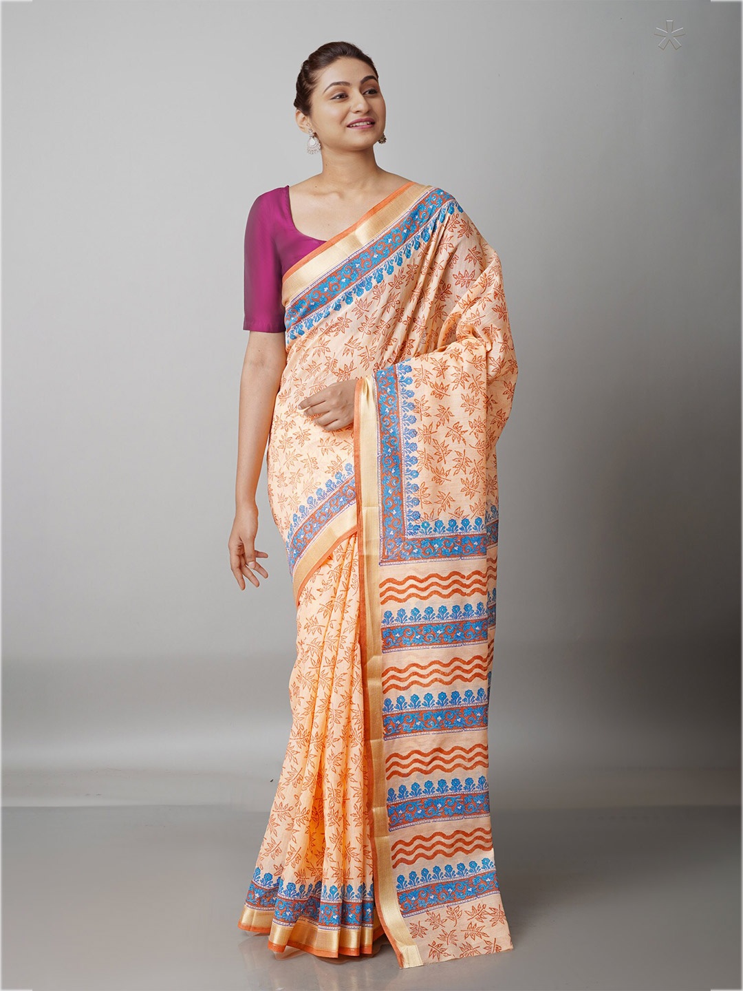 

Unnati Silks Orange & Blue Ethnic Motifs Block Printed Mangalagiri Zari Saree