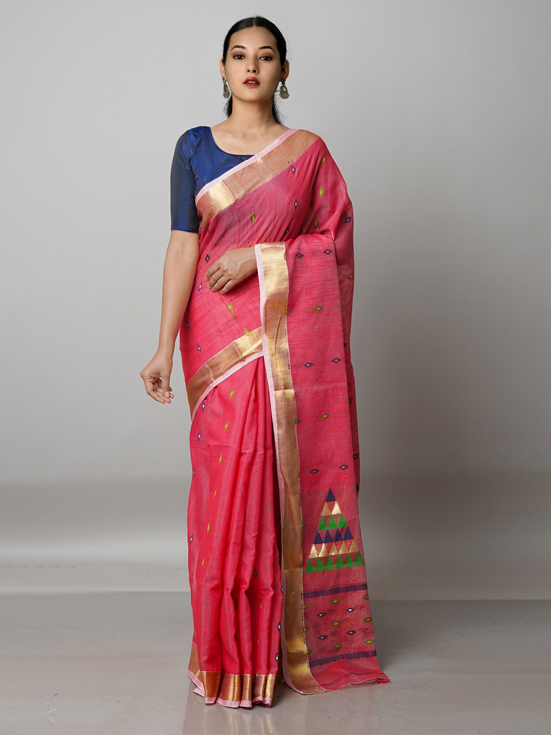 

Unnati Silks Red & Gold-Toned Woven Design Handloom Silk Cotton Jamdani Zari Saree