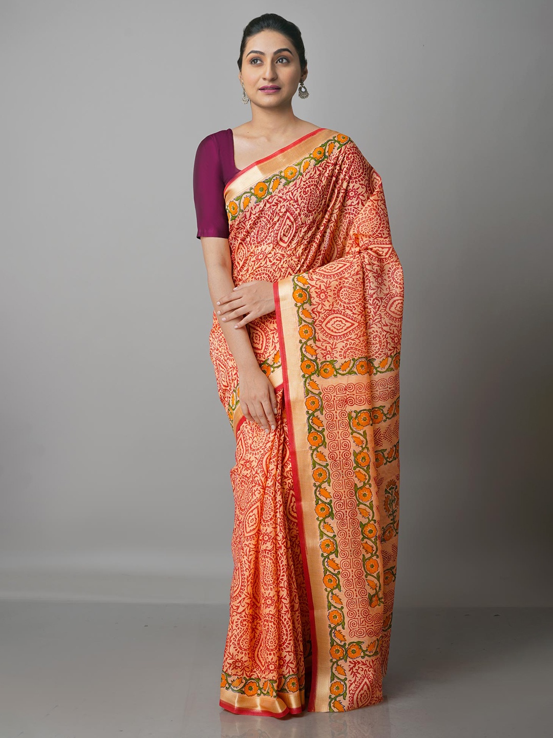 

Unnati Silks Orange & Green Ethnic Motifs Block Printed Mangalagiri Zari Saree