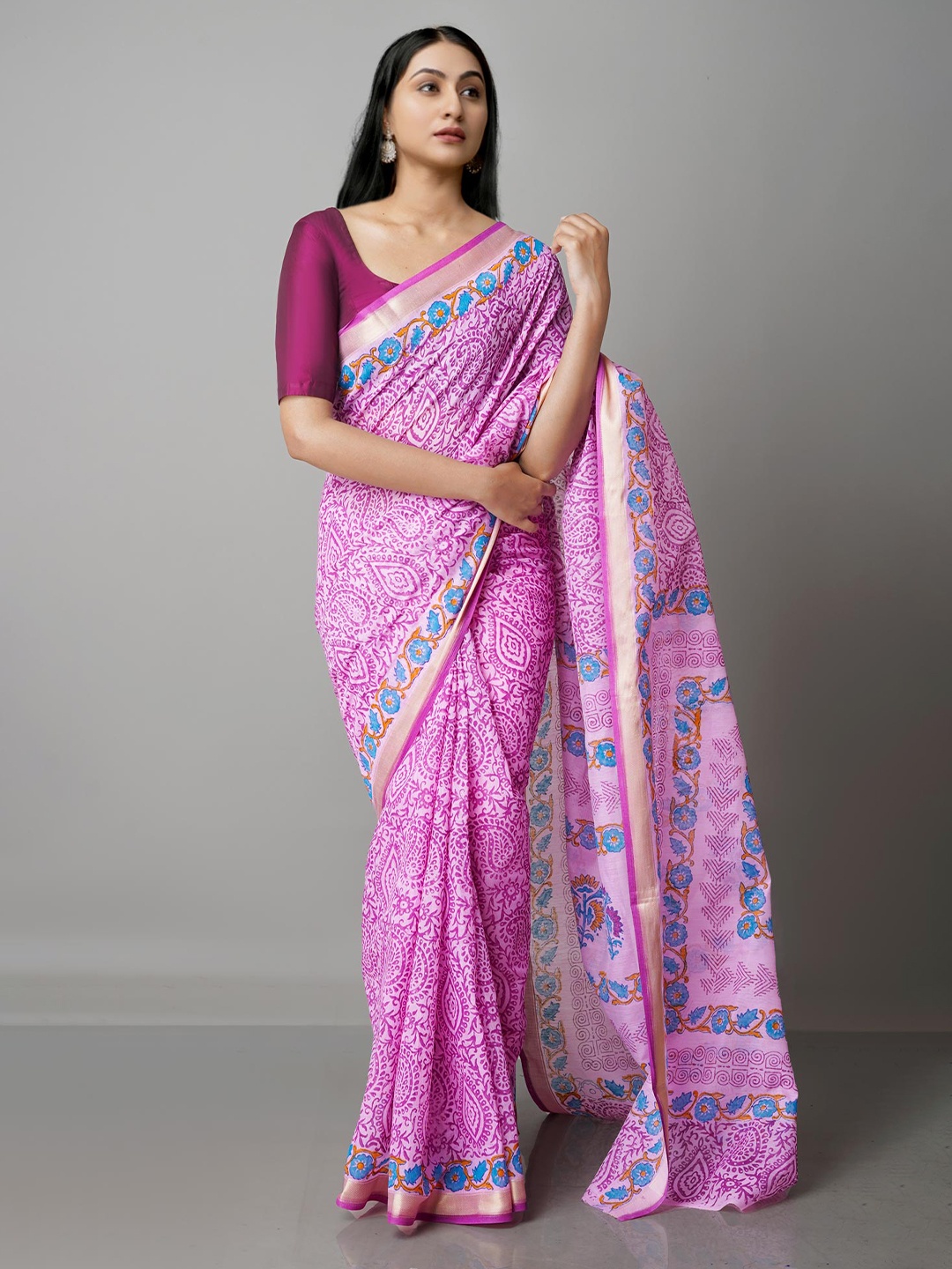 

Unnati Silks Pink & Blue Ethnic Motifs Block Printed Mangalagiri Zari Saree