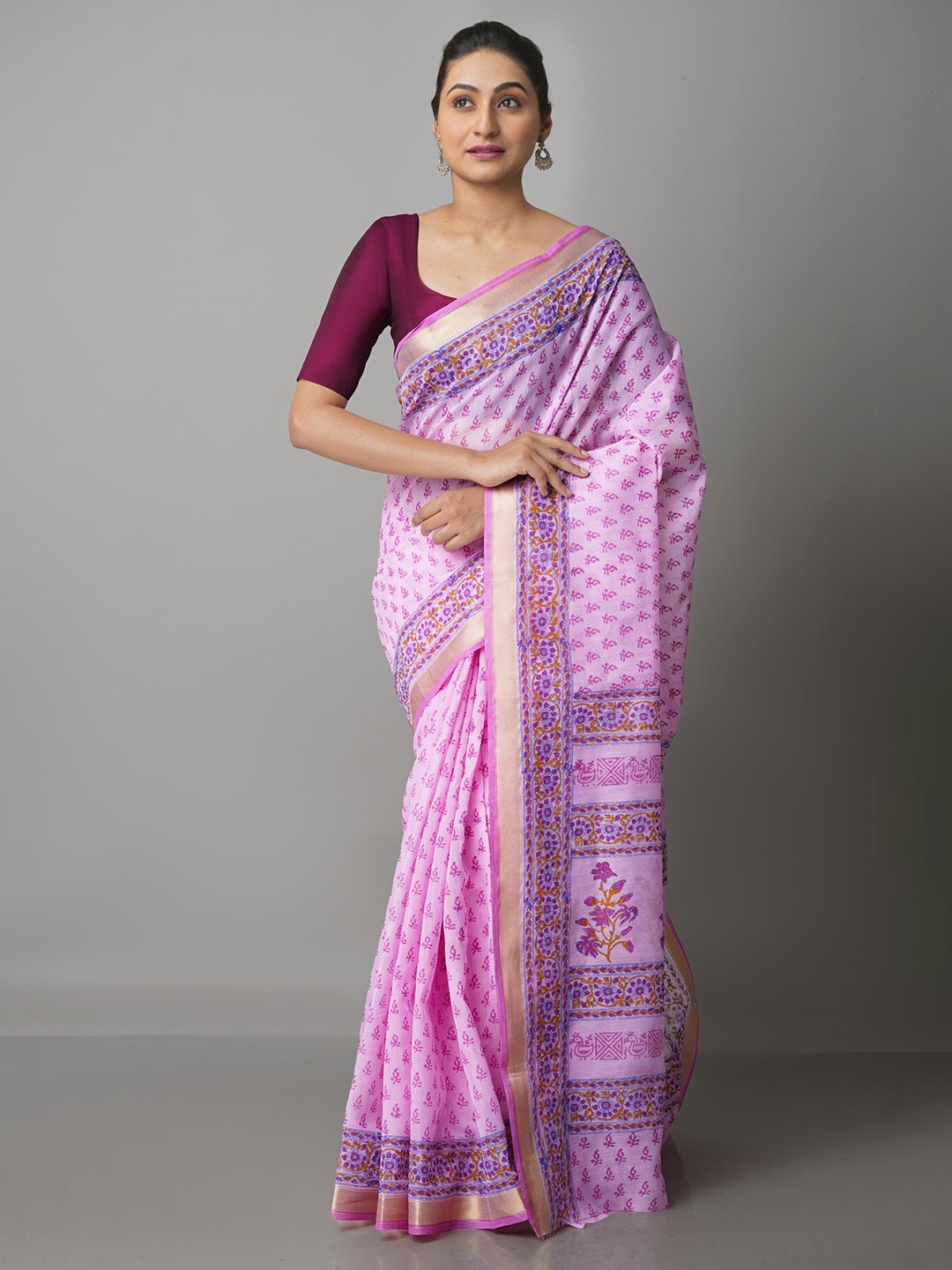 

Unnati Silks Pink & Blue Ethnic Motifs Block Printed Mangalagiri Zari Saree