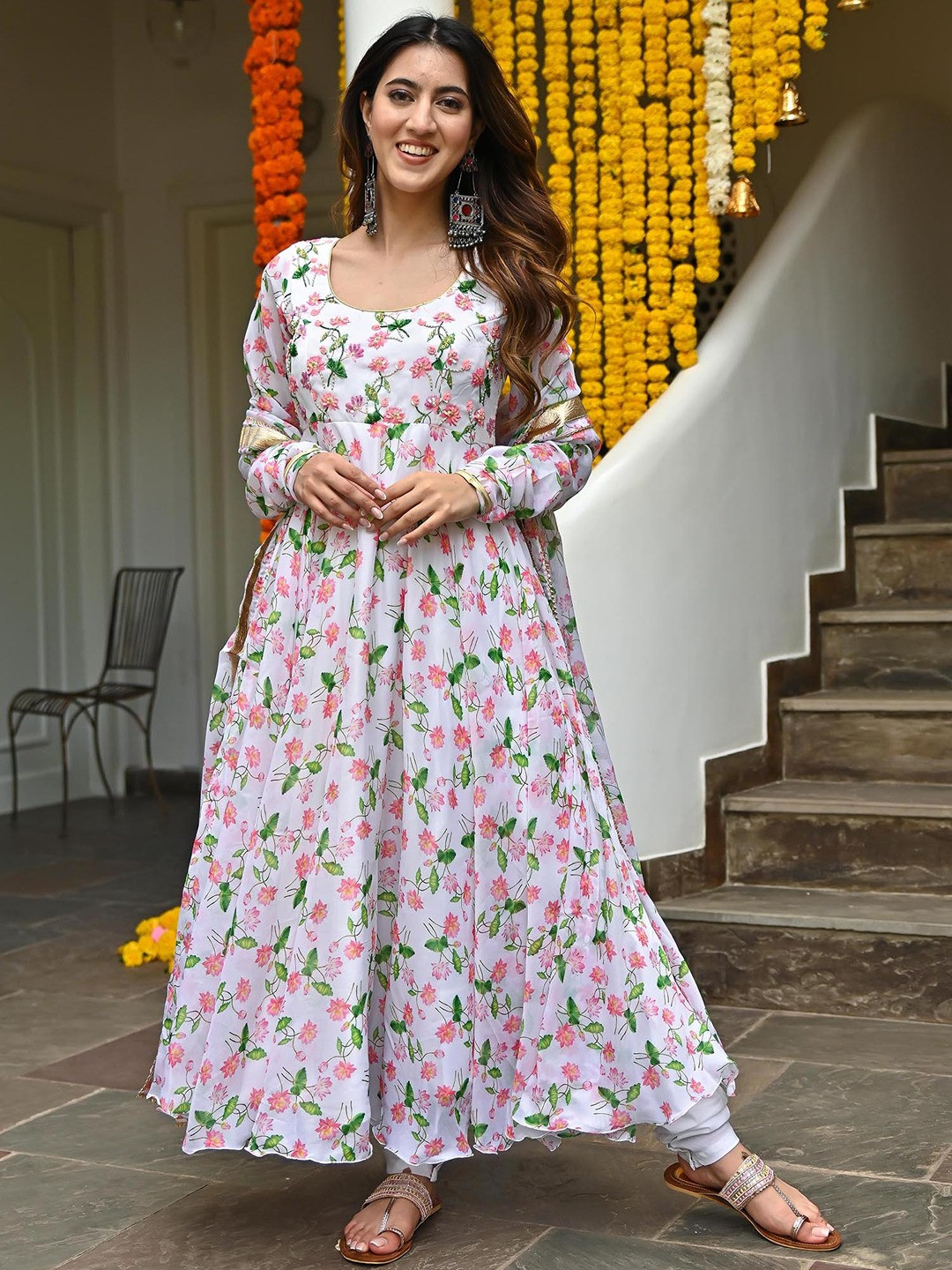 

Lavanya The Label Women White Floral Printed Pleated Kurta with Churidar & Dupatta