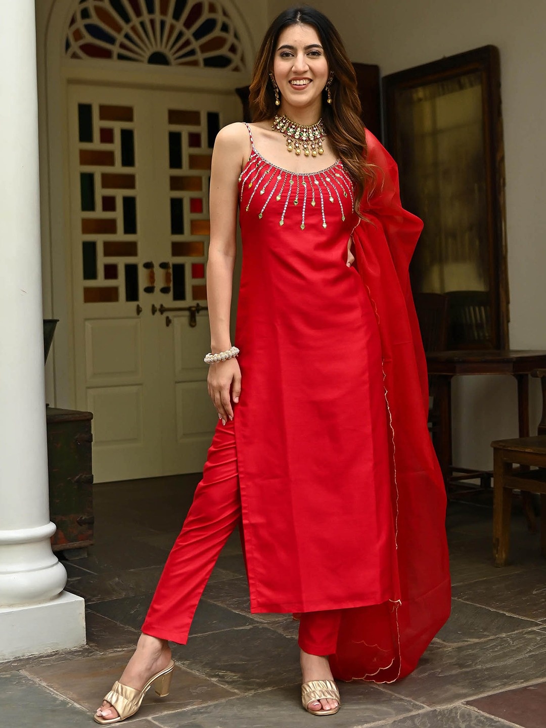 

Lavanya The Label Women Red Ethnic Motifs Embroidered Kurta with Trousers & Dupatta