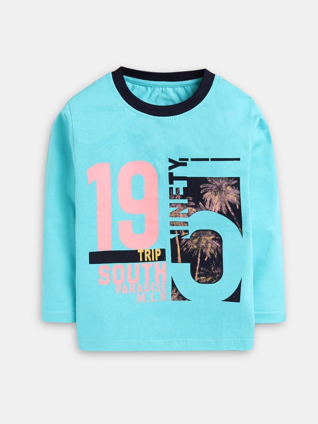 

Hopscotch Boys Turquoise Blue Typography Printed Cotton T-shirt