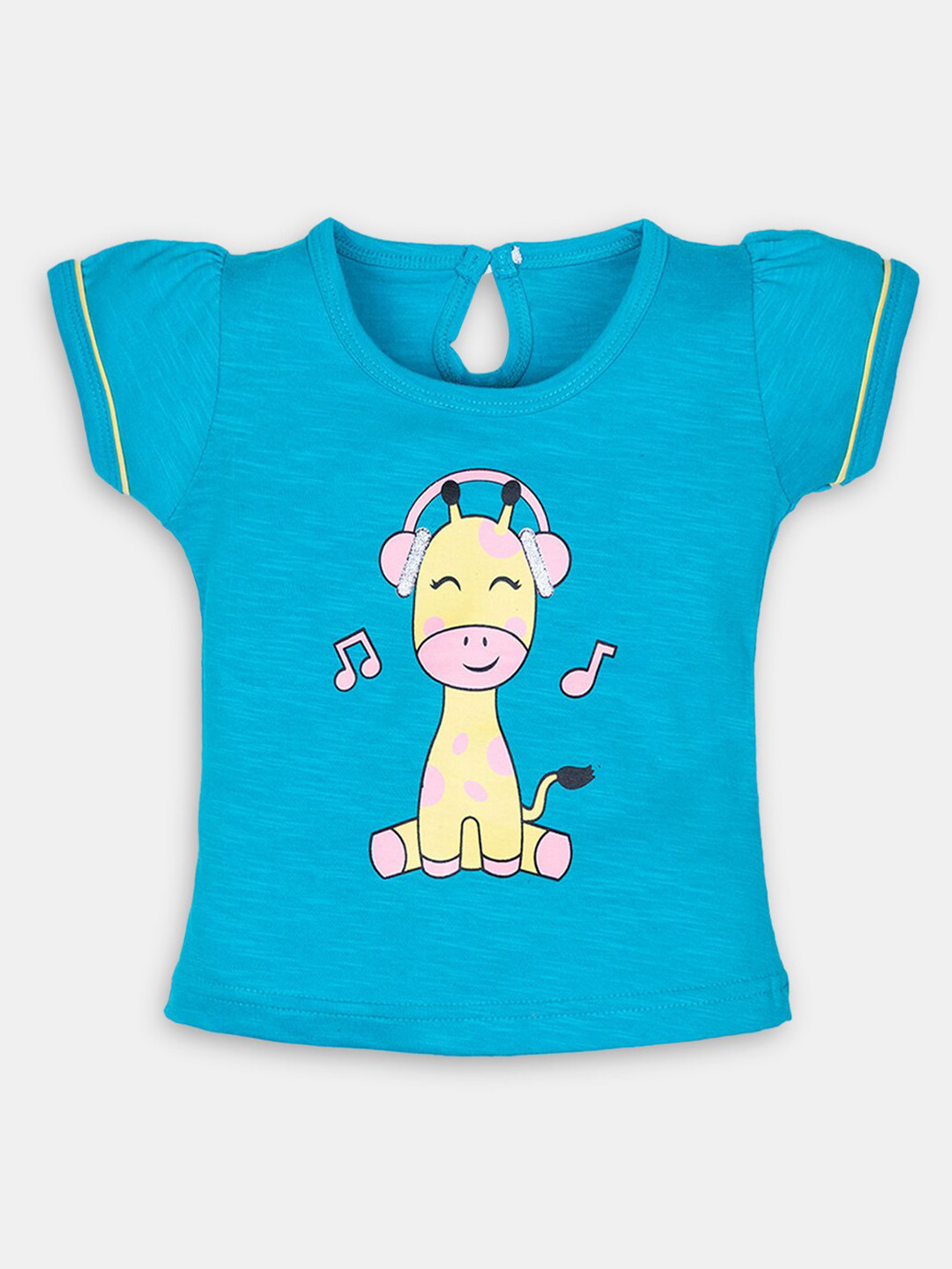 

Hopscotch Girls Turquoise Blue Printed Puff Sleeves Cotton T-shirt