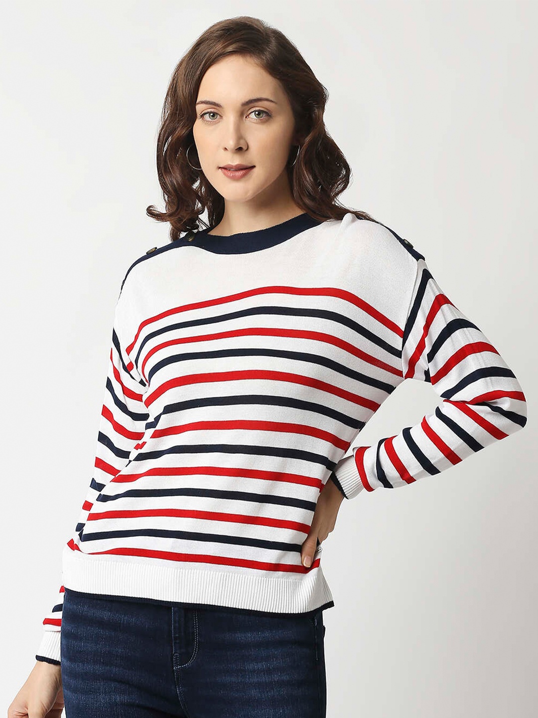 

Pepe Jeans Women White & Red Striped Pullover