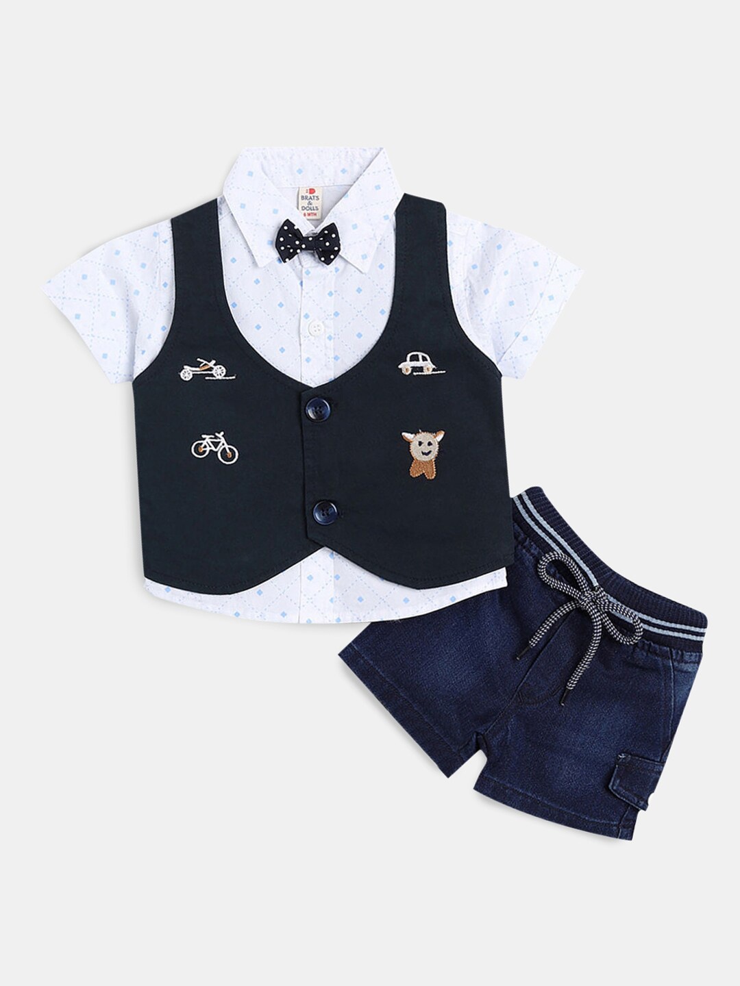 

Hopscotch Infants Boys Blue & White Printed Pure Cotton Shirt & Short & waistcoat and Bow