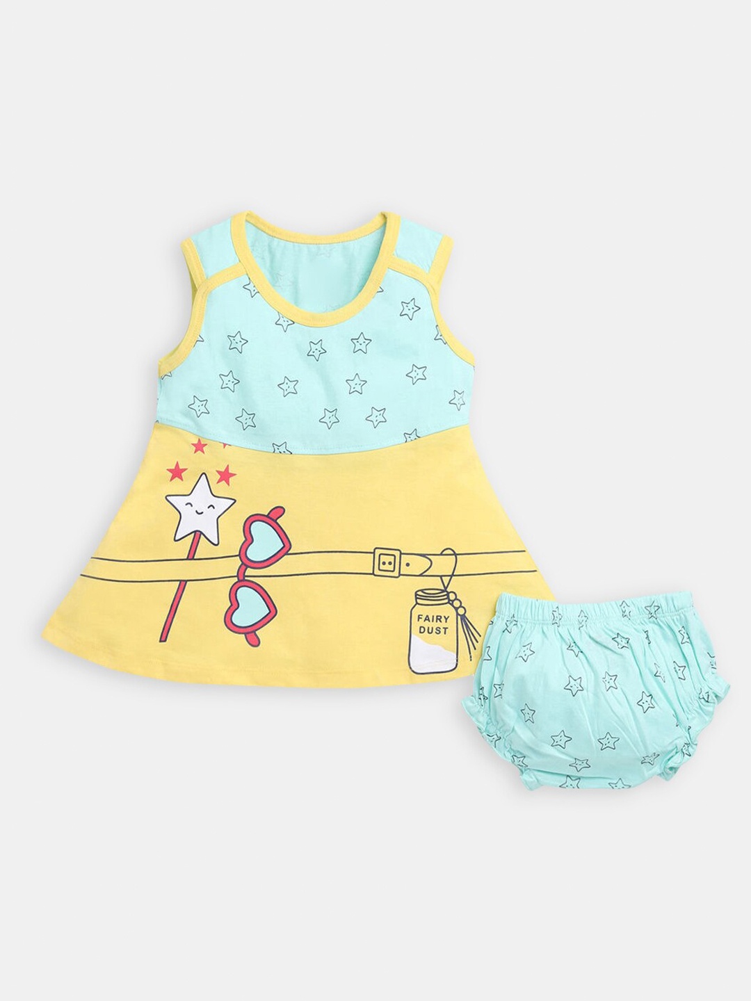 

Hopscotch Girls Green & Yellow Printed Pure Cotton Dress With Bloomer