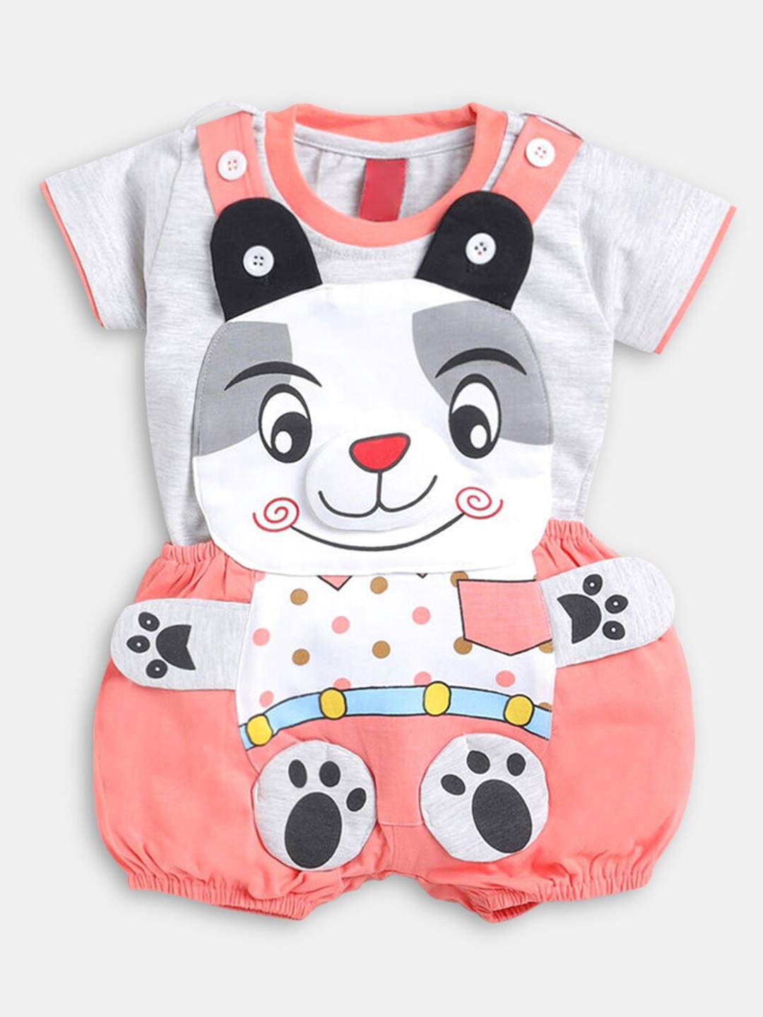 

Hopscotch Infants Boys Peach & White Pure Cotton Printed Top & Dungree