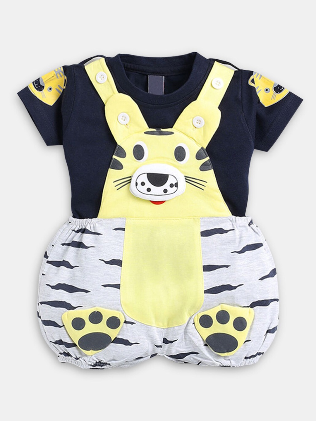 

Hopscotch Boys Yellow & Black Printed Pure Cotton Top & Dungree