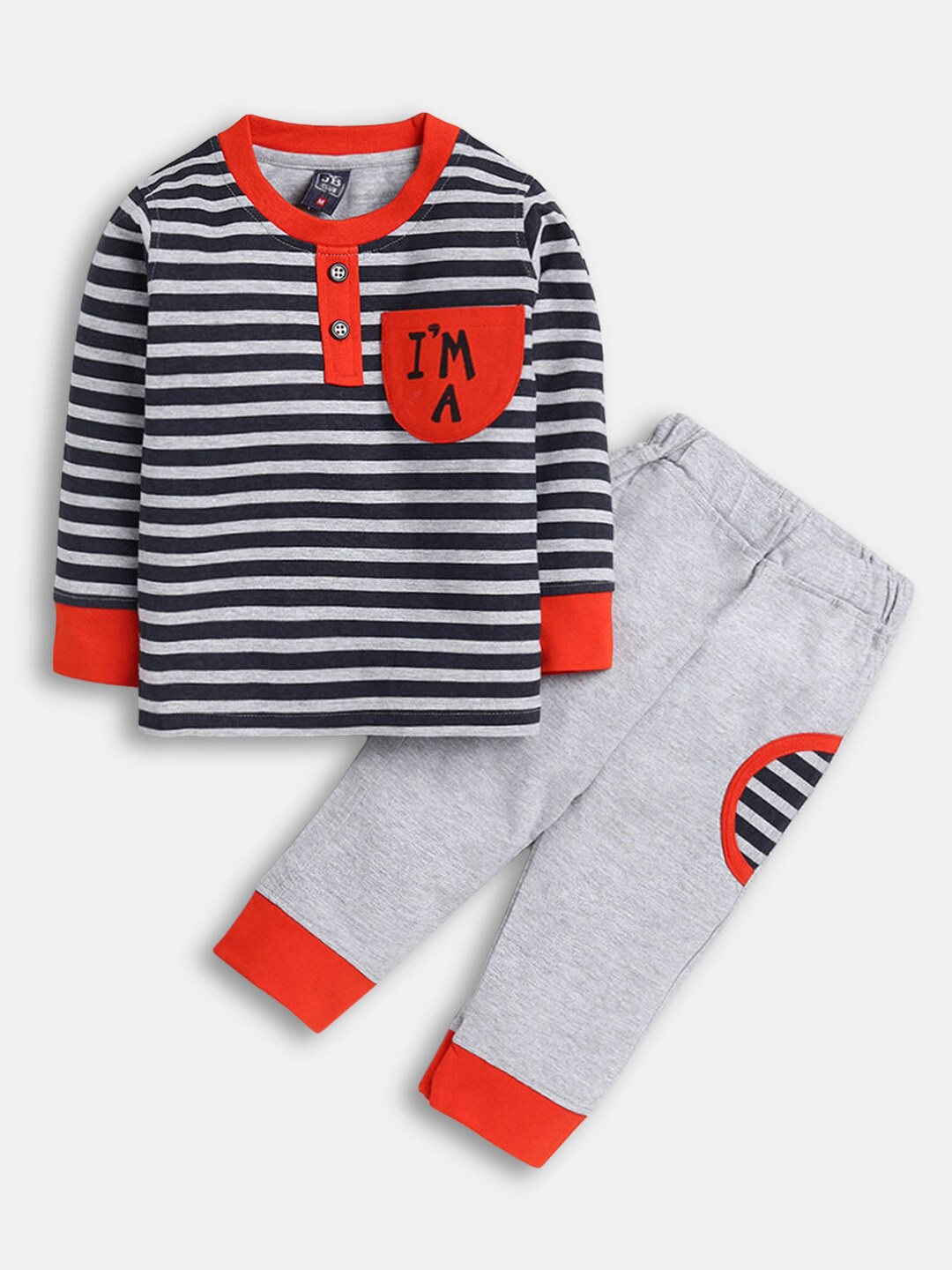 

Hopscotch Boys Red & Black Striped Pure CottonT-shirt with Pyjama