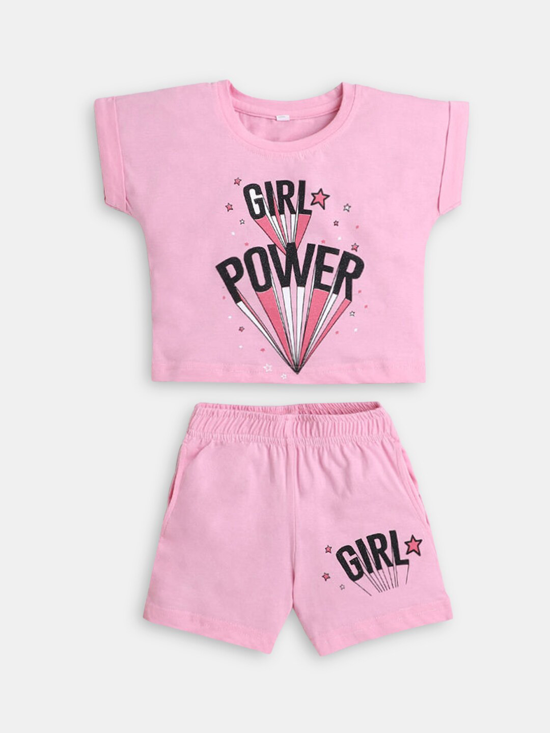 

Hopscotch Girls Pink & Black Printed Pure Cotton T-shirt with Short