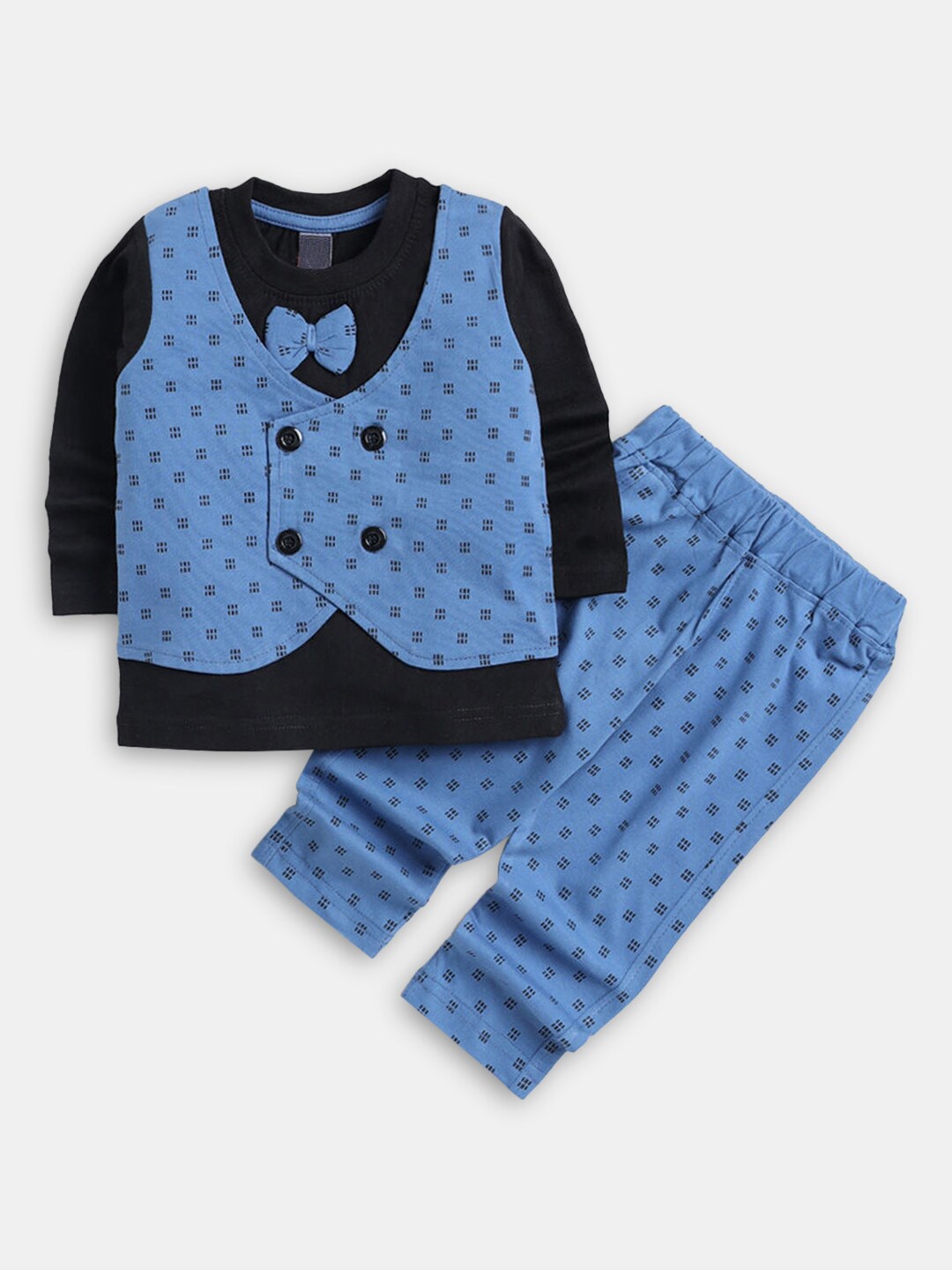

Hopscotch Boys Blue & Black Printed Cotton T-shirt with Trousers