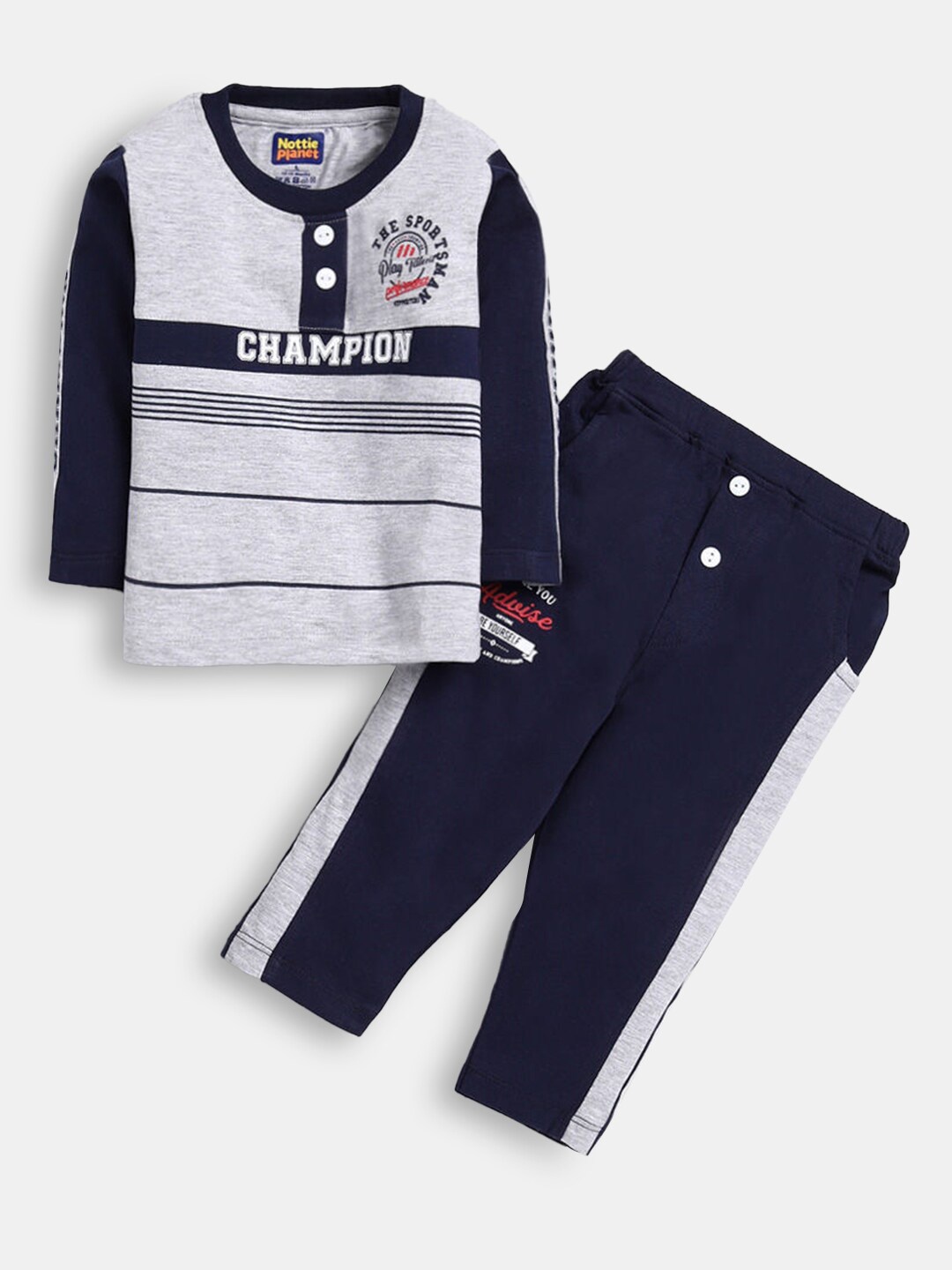 

Hopscotch Boys Grey & Navy Blue Printed Cotton T-shirt with Trousers