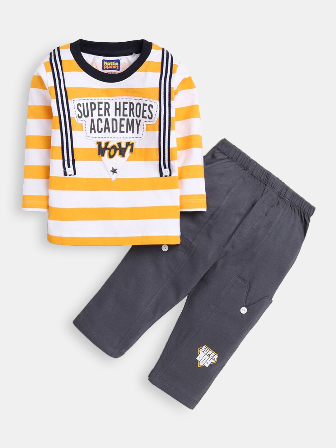 

Hopscotch Boys Yellow & White Striped Cotton T-shirt with Trousers
