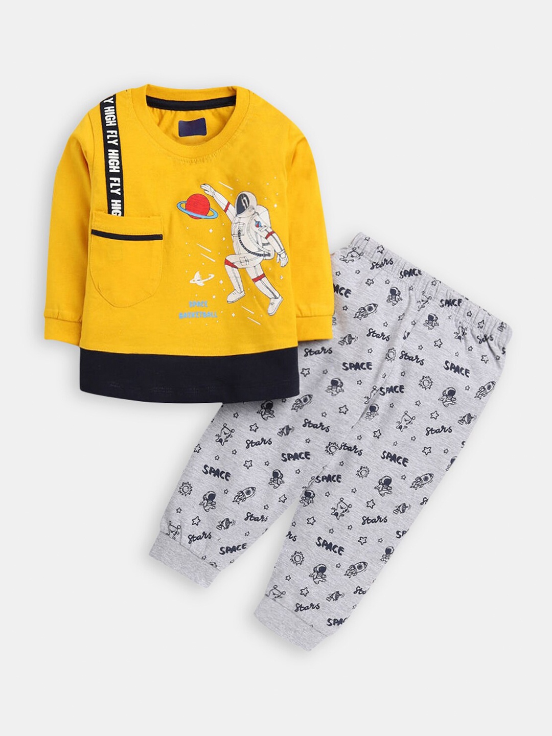 

Hopscotch Boys Yellow & Grey Printed Cotton T-shirt with Pyjamas