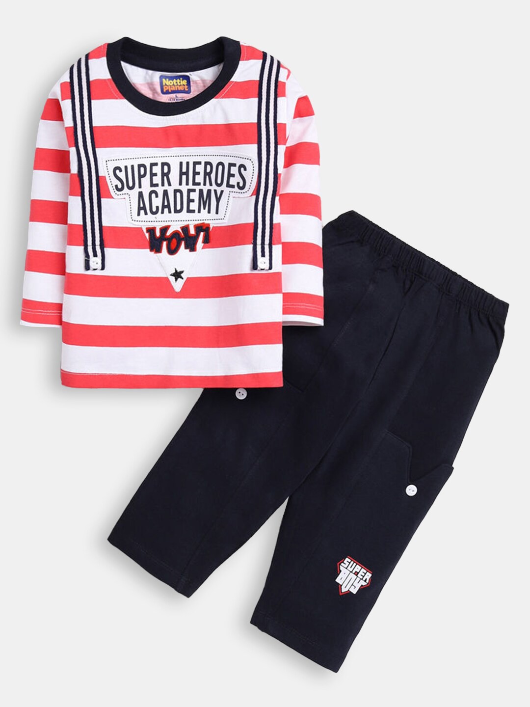 

Hopscotch Boys Red & Navy Blue Striped Cotton T-shirt with Trousers