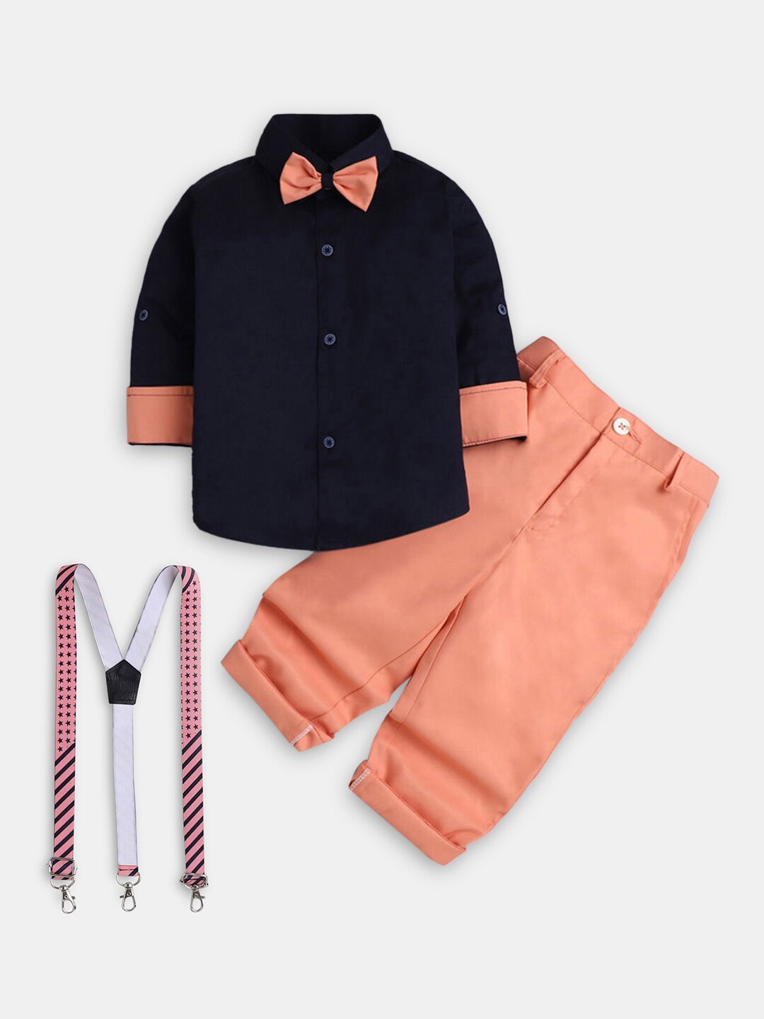 

Hopscotch Boys Peach-Coloured & Navy Blue Cotton Shirt with Trousers & Suspenders