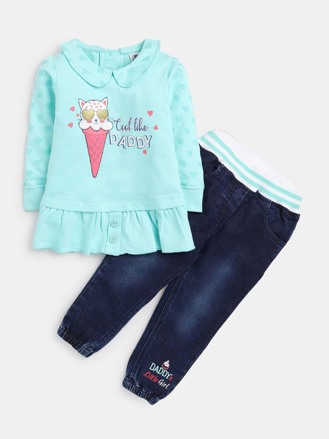 

Hopscotch Girls Blue & Navy Blue Printed Cotton Top with Jeans