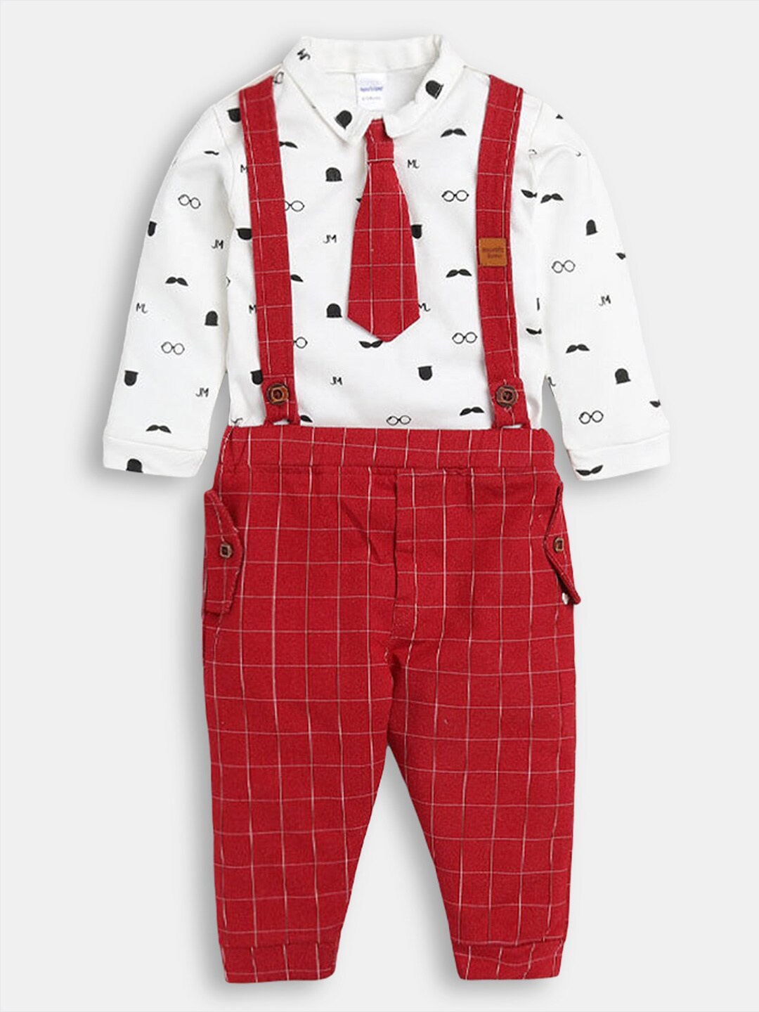 

Hopscotch Boys Maroon & White Printed Cotton T-shirt with Trousers & Suspenders