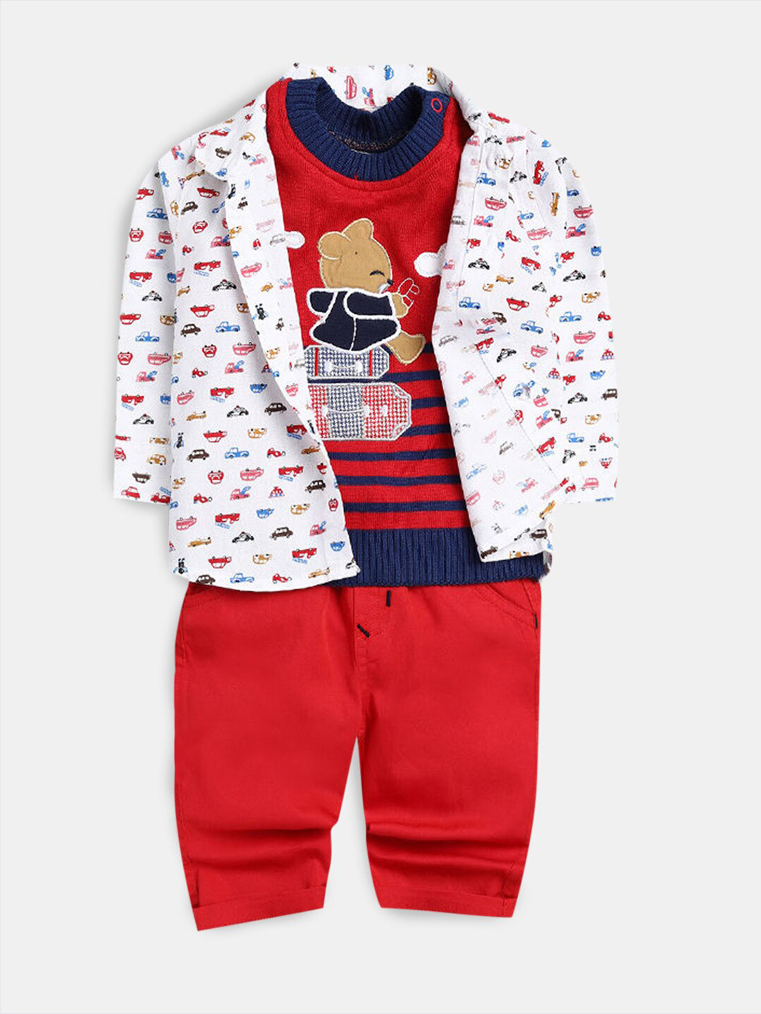 

Hopscotch Boys Red & White Printed Cotton T-shirt and Shirt with Trousers