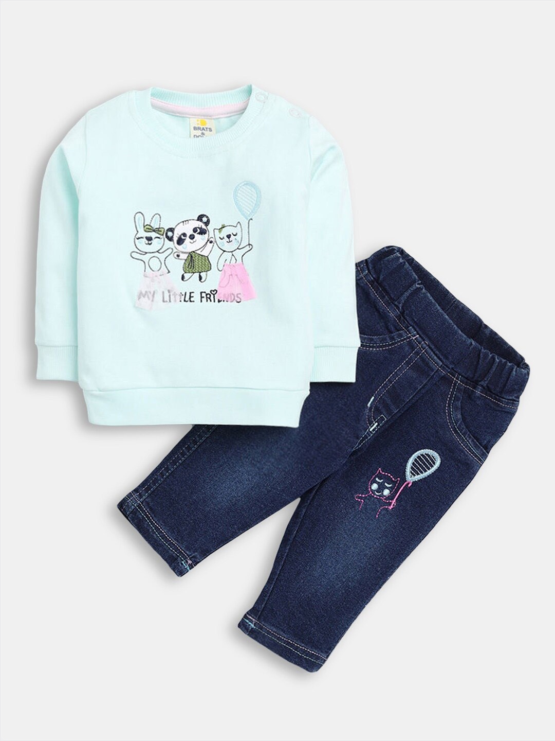 

Hopscotch Boys Sea Green & Navy Blue Printed Cotton T-shirt with Jeans