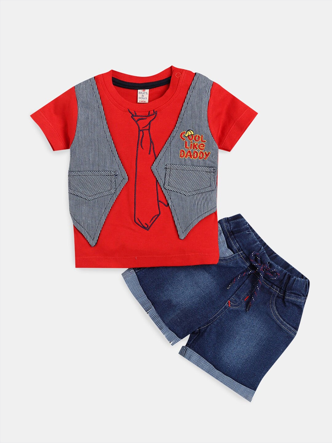 

Hopscotch Boys Red & Blue Printed Cotton T-shirt with Shorts