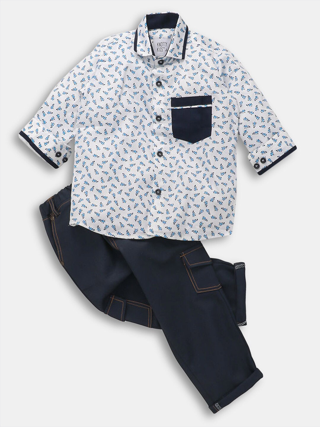 

Hopscotch Boys Blue & White Printed Cotton Shirt with Trousers