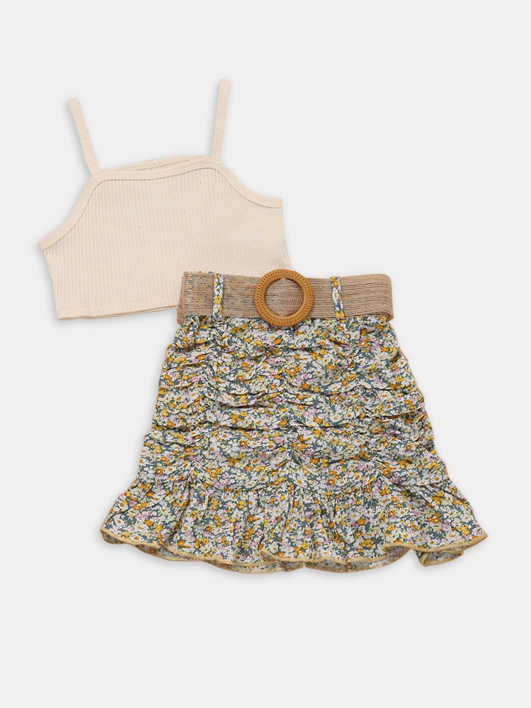

Hopscotch Girls Cream-Coloured & Green Solid Top with Printed Skirt