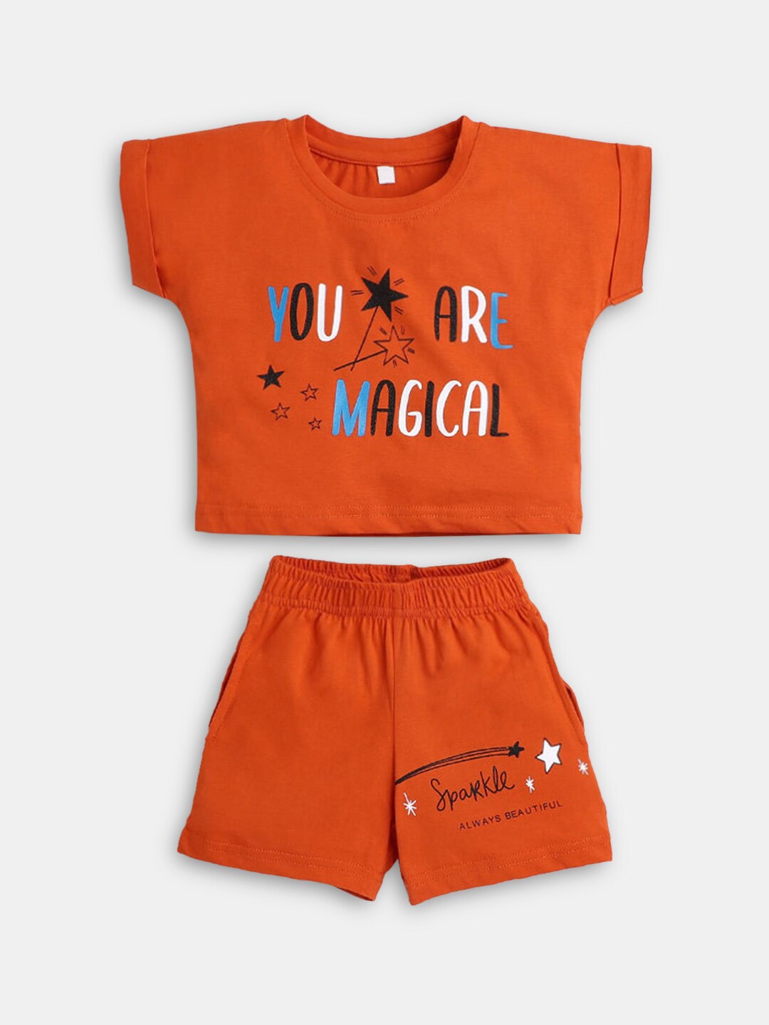 

Hopscotch Girls Orange Printed Cotton T-shirt with Shorts