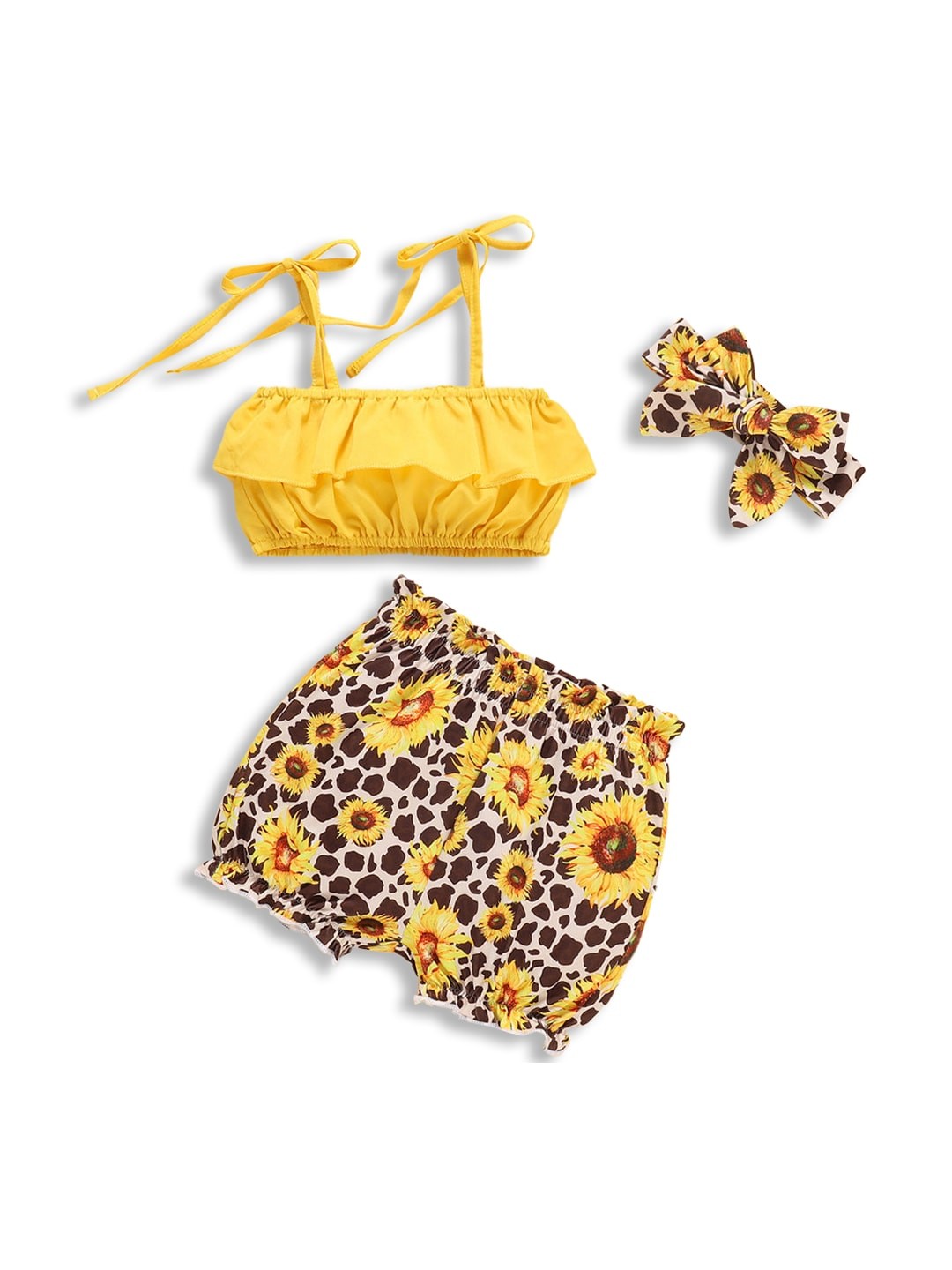 

Hopscotch Girls Yellow & Black Floral Printed Top with Shorts With Bow