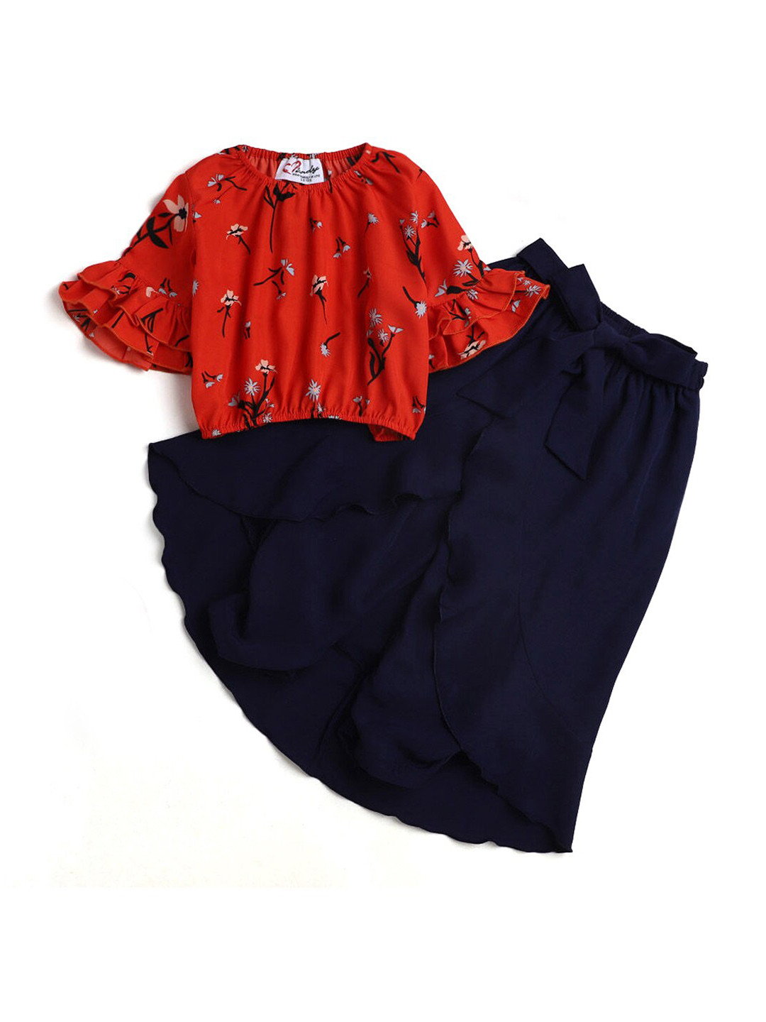 

Hopscotch Girls Red & Navy Blue Printed Top with Skirt