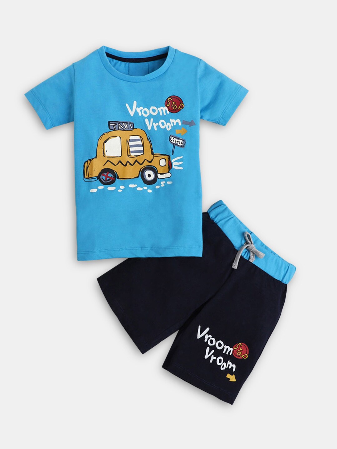 

Hopscotch Boys Blue & Navy Blue Vehicle Printed T-shirt with Shorts