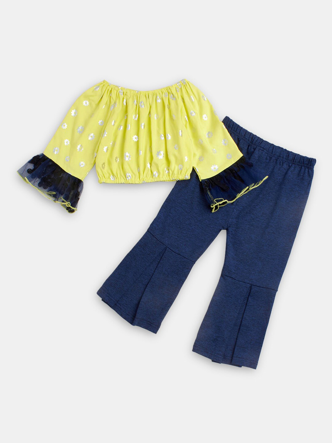 

Hopscotch Girls Yellow & Blue Printed Cotton Top with Trousers