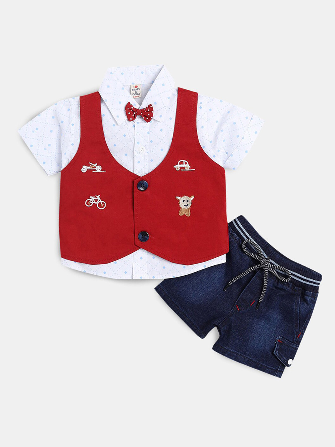 

Hopscotch Boys Red & Black Printed Cotton Shirt with Shorts & Waist Coat