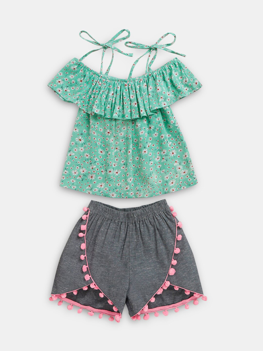 

Hopscotch Girls Green & Grey Printed Cotton Top with Shorts