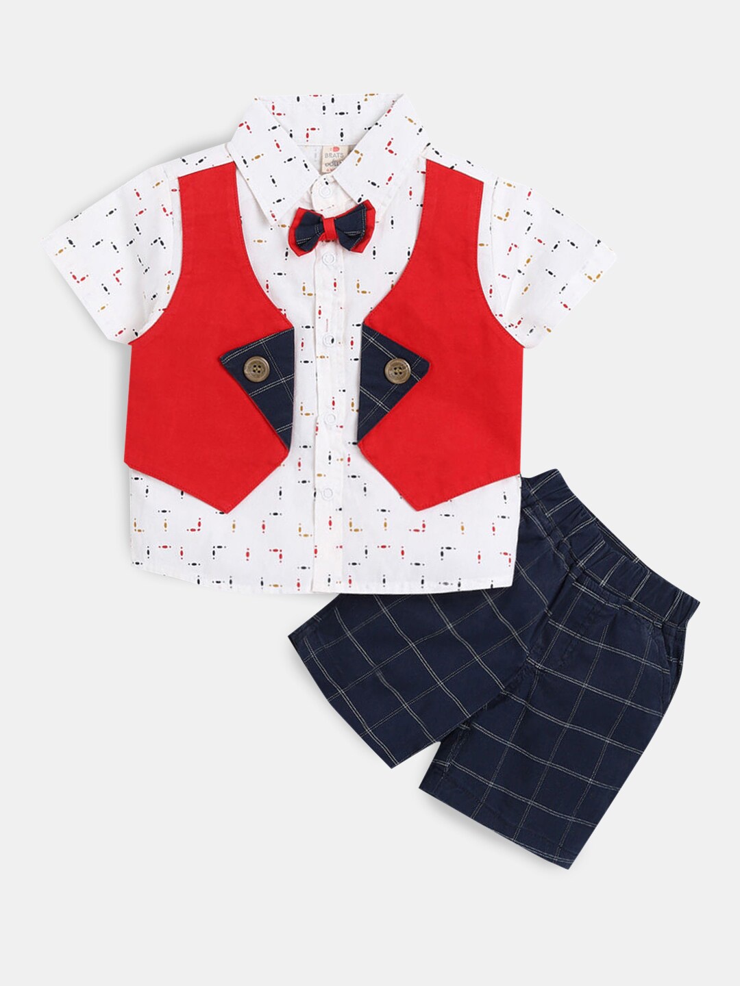 

Hopscotch Boys White & Red Pure Cotton Printed Shirt with Shorts