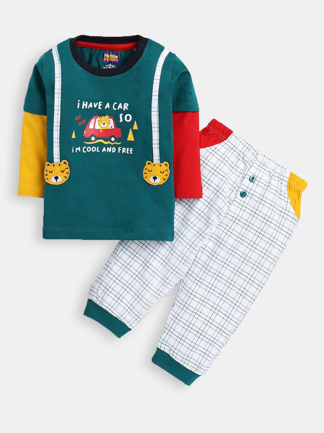 

Hopscotch Boys Green & White Pure Cotton Printed T-shirt with Trousers