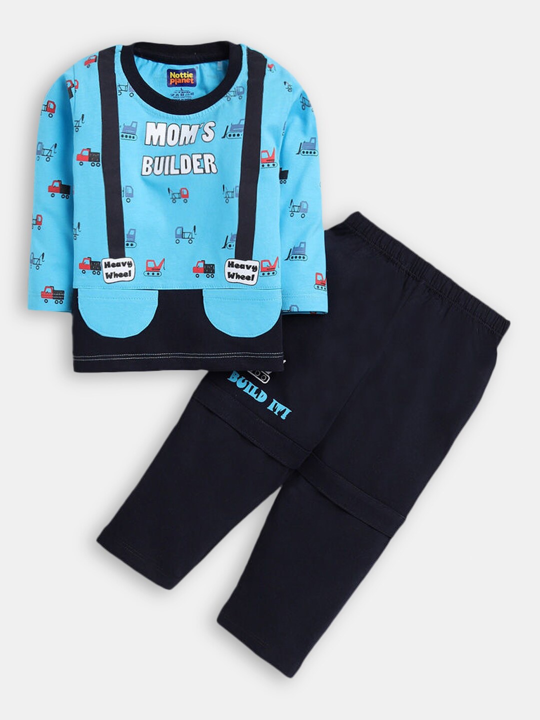 

Hopscotch Boys Blue & Black Pure Cotton Printed T-shirt with Trouser