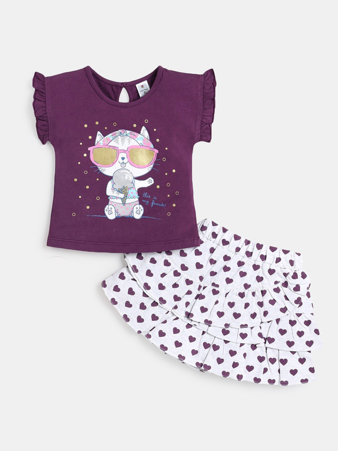

Hopscotch Girls Violet & White Printed T-shirt with Skirt