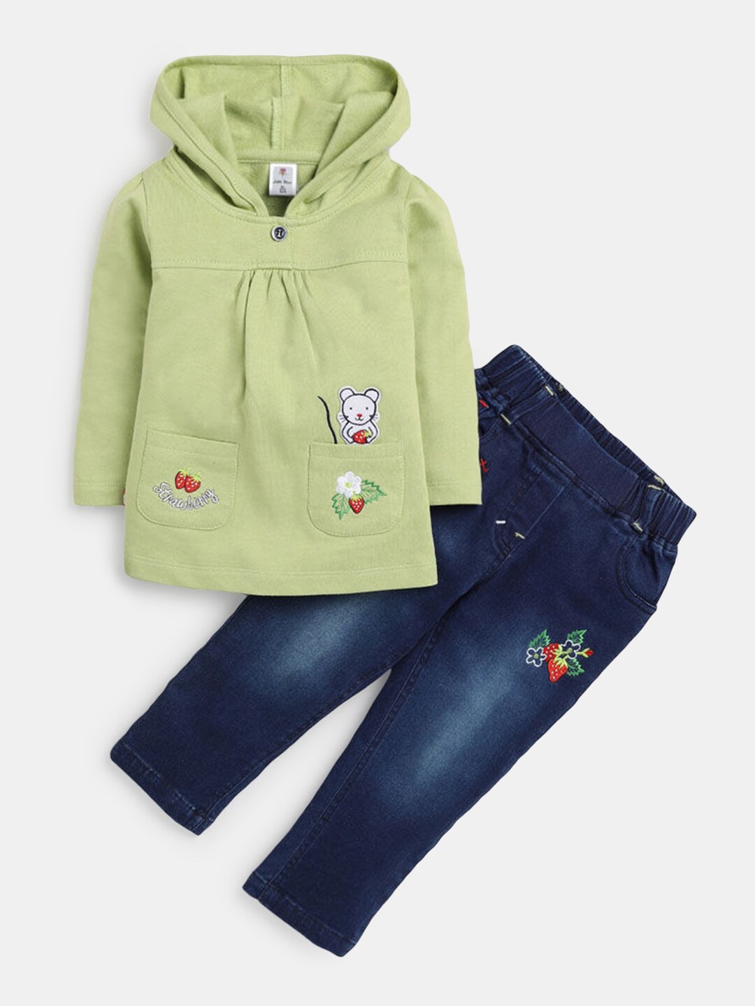 

Hopscotch Girls Green & Blue Pure Cotton Solid T-shirt with Trouser