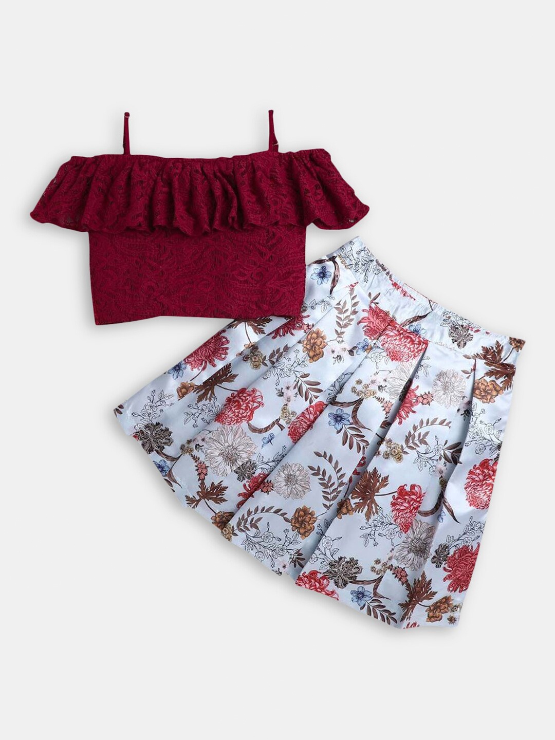 

Hopscotch Girls Maroon & Blue Self Design Top with Skirt