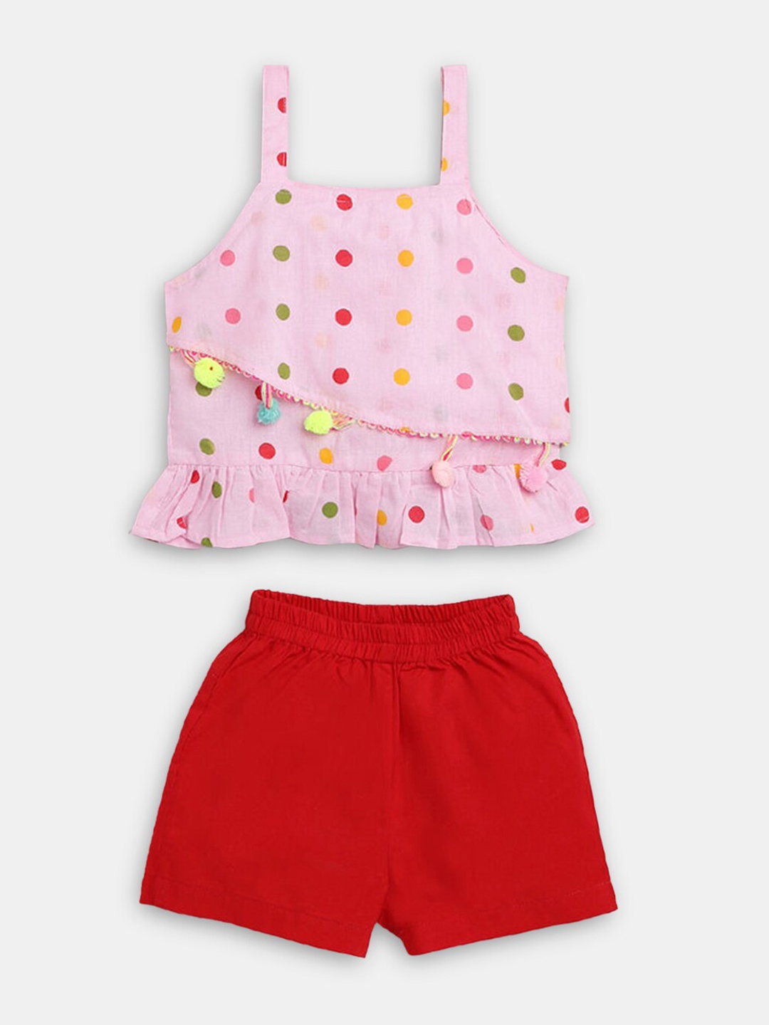 

Hopscotch Girls Pink & Red Pure Cotton Printed Top with Shorts