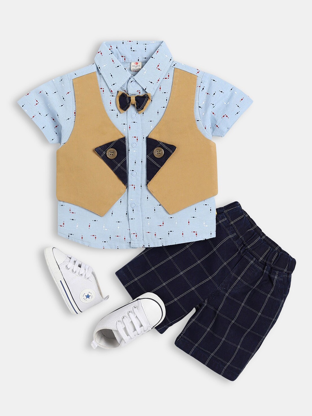 

Hopscotch Boys Blue & Black Pure Cotton Printed Shirt with Shorts