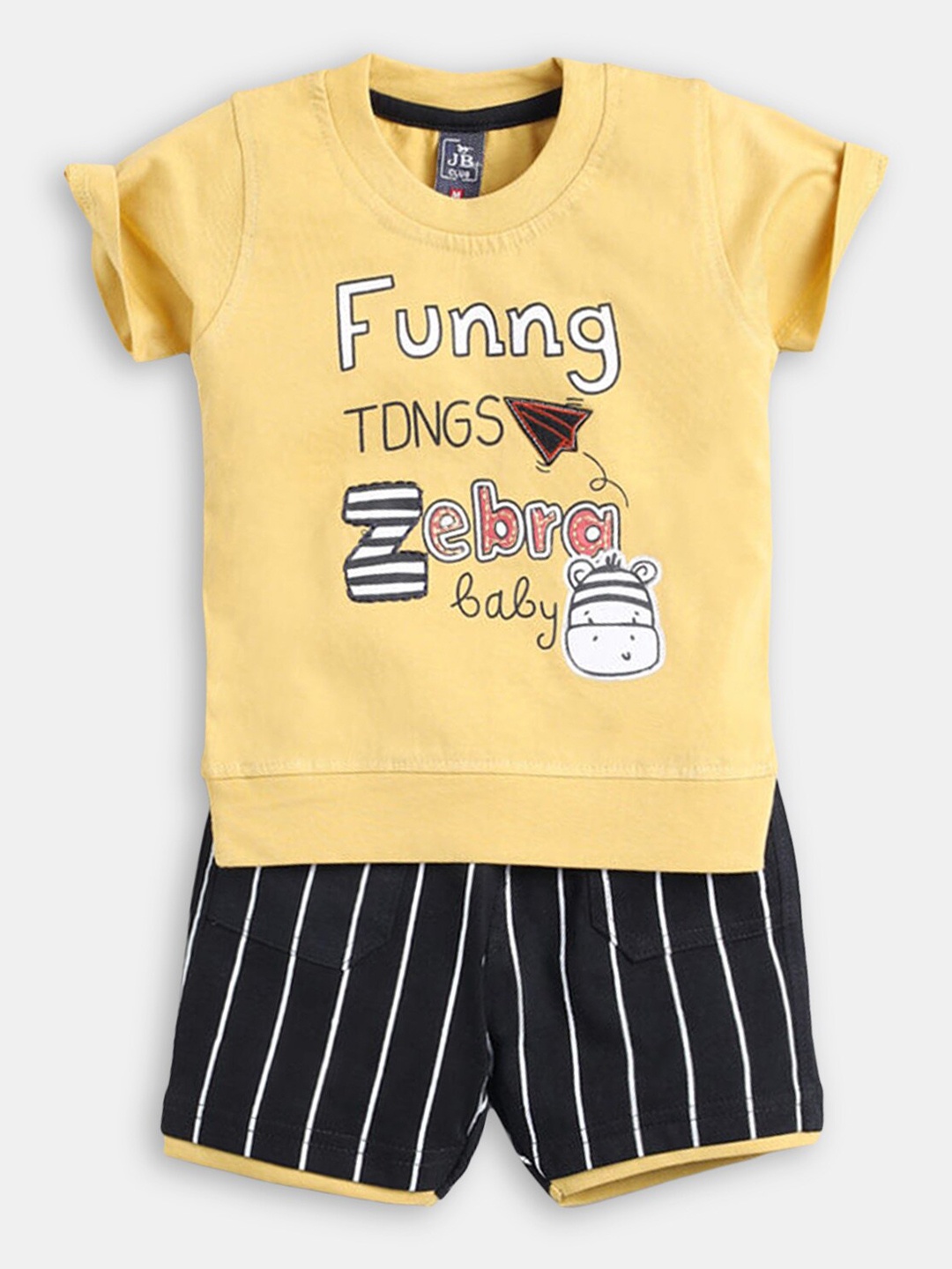 

Hopscotch Boys Yellow & Black Pure Cotton Printed T-shirt with Short